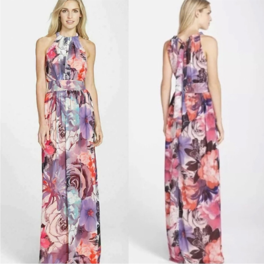 Eliza J Halter Maxi Dress Pink & Purple Floral Size 14 - Picture 14 of 16